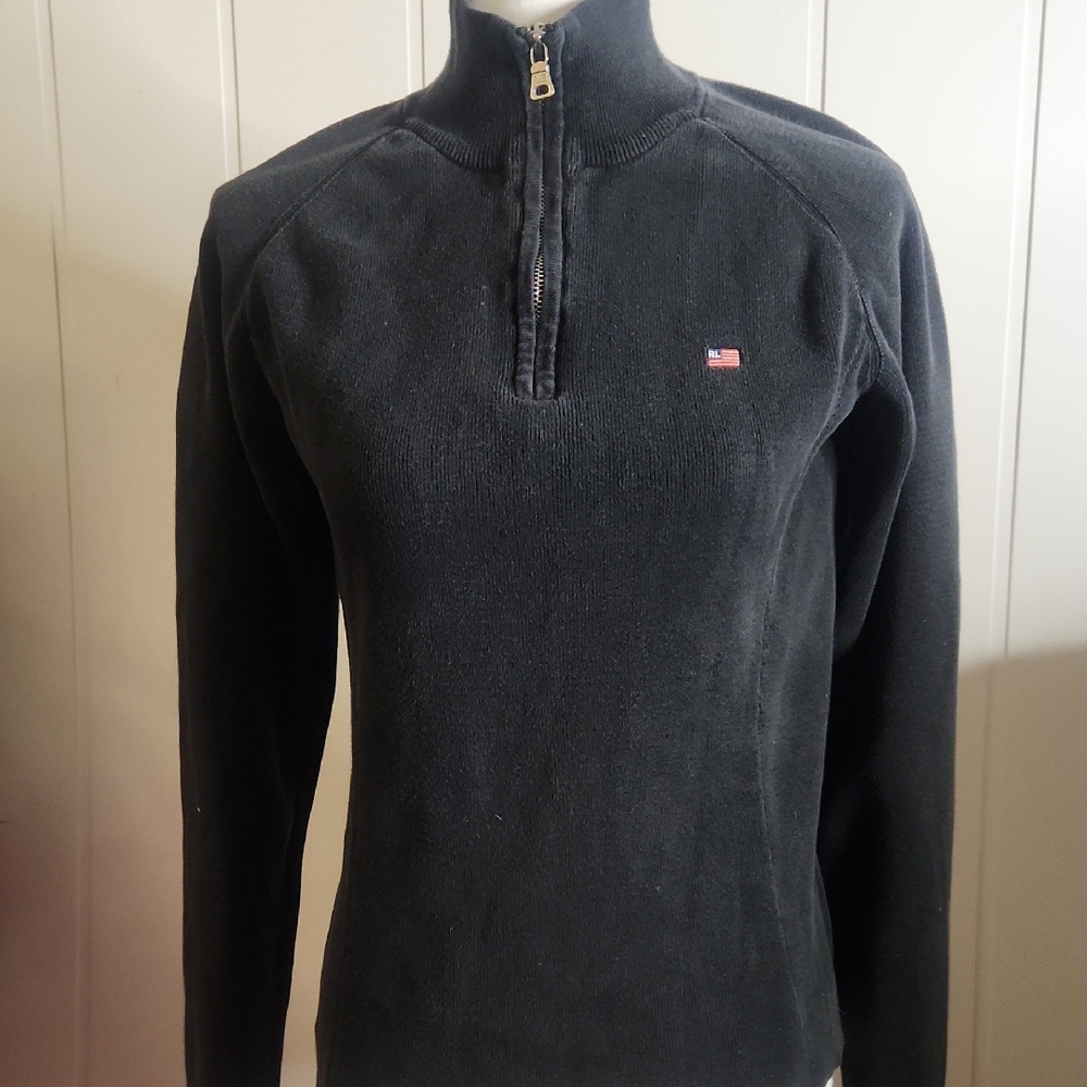 Y2K Ralph Lauren Polo Black Preppy Quarter Zip Cotton Knit Pullover Sweater